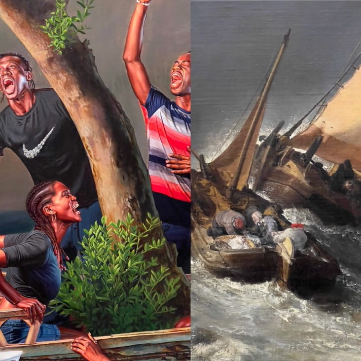 Wiley's painting juxtaposed with a 19th century painting of a storm at sea. 
