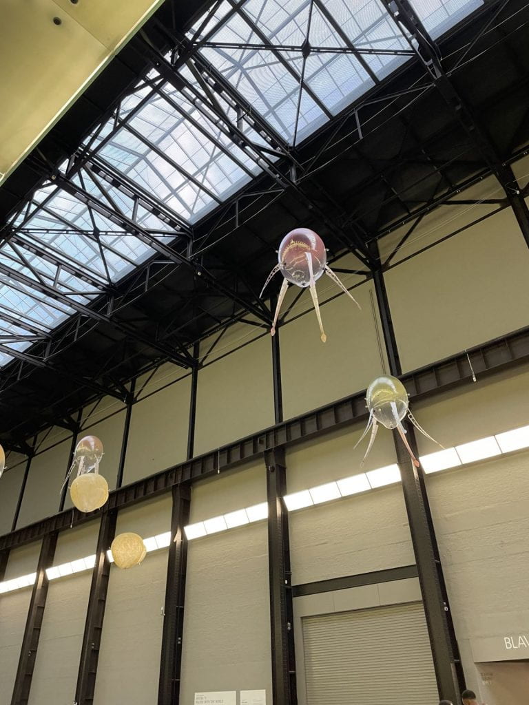 An art installation at the Tate Modern featuring mechanical floating jellyfish.